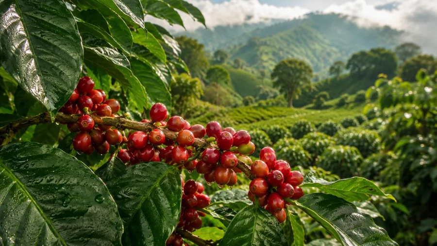 Ripe red coffee cherries on the branch at a Colombian coffee plantation with rolling green hills behind